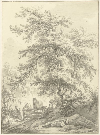 Mulher com cavalo na cerca sob grande árvore de Egbert van Drielst