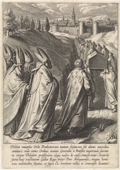 O caixão de Tomás de Aquino é levado à igreja dominicana de Toulouse A Vida de São Tomás de Aquino (título da série) de Egbert van Panderen
