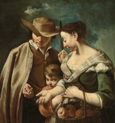 Um vendedor de fruta e um rapaz, com um cesto de pêssegos, pêras e uvas, numa paisagem, com um homem segurando uma arma e uma moeda, c.1705-84 (óleo sobre tela) de Egidio (attr.to) Dall