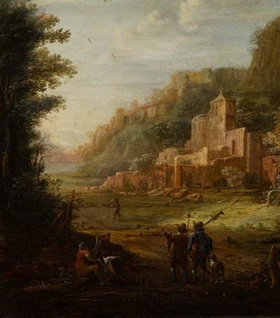 Paisagem arborizada com dois caçadores à entrada de um vale de Eglon van der Neer