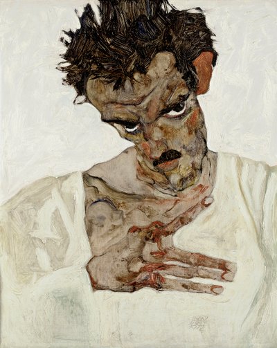 Auto-retrato com a cabeça para baixo. Pintura de Egon Schiele (1890-1918), óleo sobre madeira de Egon Schiele