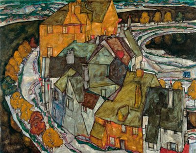 Crescent of Houses II (Cidade da Ilha) - Pintura de Egon Schiele (1890-1918), óleo sobre tela de Egon Schiele