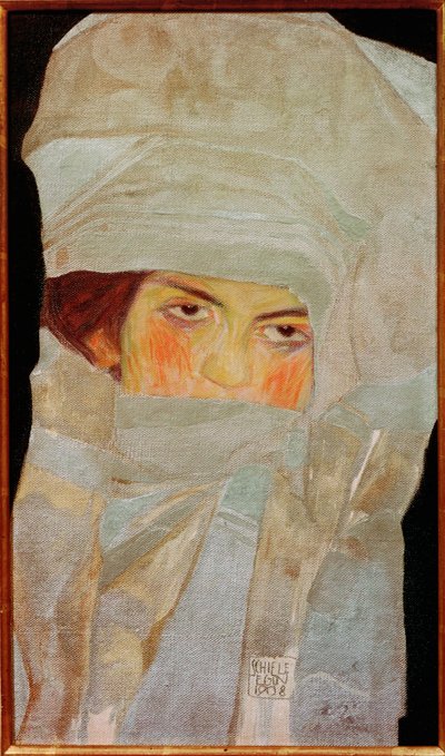 A irmã da artista, Melanie, com lenços prateados ... de Egon Schiele