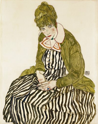Edith Schiele com vestido listrado, sentada. Obra de Egon Schiele (1890-1918), lápis e guache sobre papel de Egon Schiele