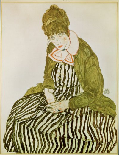 Edith Schiele, mulher do artista, sentada (guache, aguarela e lápis de cor preto) de Egon Schiele