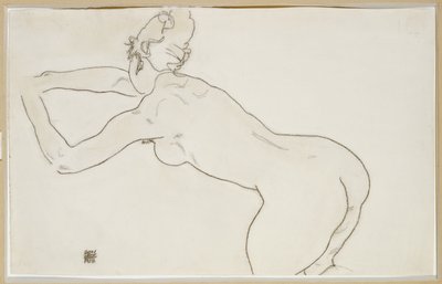 Mulher nua ajoelhada e inclinando-se para a esquerda, 1918 de Egon Schiele