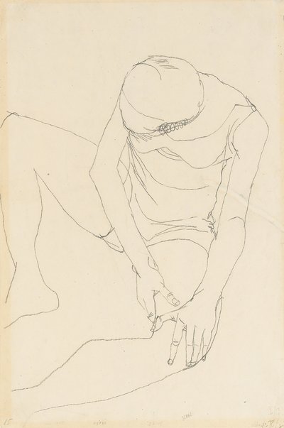 Nu feminino dobrado para a frente, ambas as mãos na coxa esquerda, 1913 de Egon Schiele