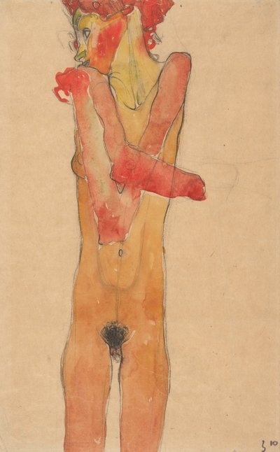 Menina nua com braços cruzados, 1910 de Egon Schiele