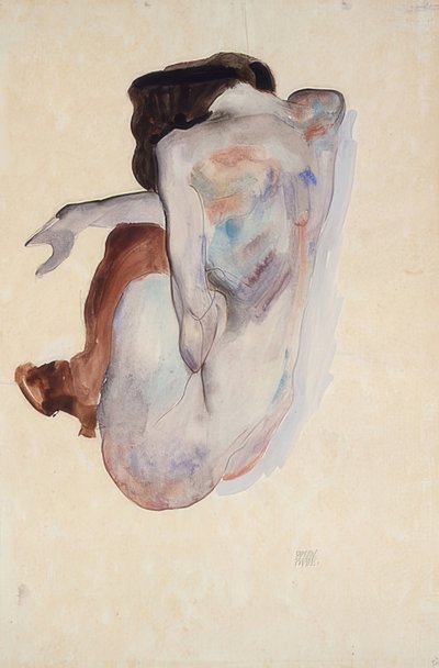 Agachado nu com sapatos e meias pretas, vista traseira. 1912 de Egon Schiele