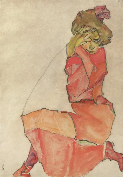 Mulher ajoelhada em vestido laranja-vermelho, 1910 de Egon Schiele