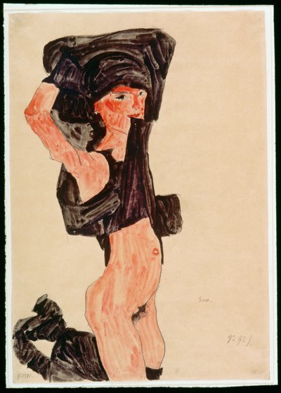 Rapariga ajoelhada, a despir-se (guache, aguarela e lápis) de Egon Schiele