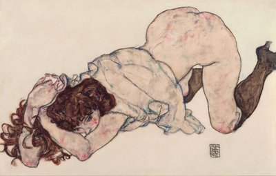 Menina ajoelhada, apoiada nos dois cotovelos de Egon Schiele