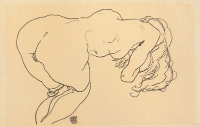 Nude de cabelos compridos, inclinando-se para a frente, vista traseira; Langhaariger Akt, vornubergebeugt, Ruckenansicht, 1918 de Egon Schiele