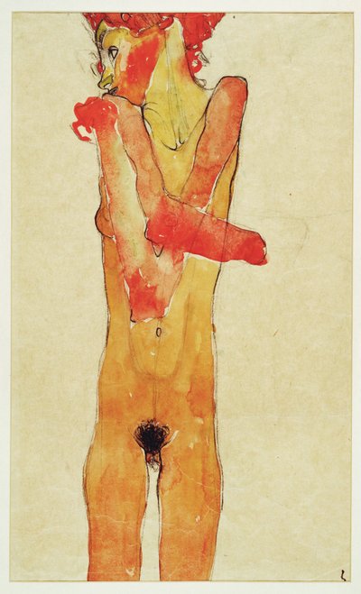 Maedchenakt mit verschraenkten Armen (rapariga nua com ... (aguarela e carvão) de Egon Schiele