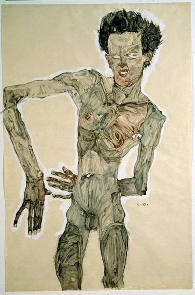 Macho Nu (Auto Retrato). Desenho de Egon Schiele (1890-1918), 1910. Lápis, aquarela e têmpera sobre papel. Dim: 55,7x36,8cm. Viena, Graphische Sammlung Albertina de Egon Schiele