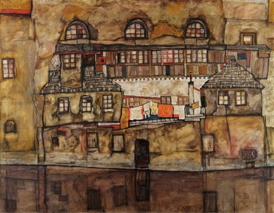 Muro de casas no rio - Pintura de Egon Schiele (1890-1918), óleo sobre tela de Egon Schiele