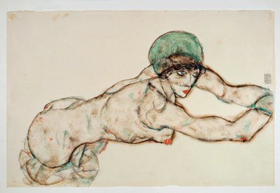 Mulher nua deitada à direita com gorro verde (aguarela e lápis) de Egon Schiele