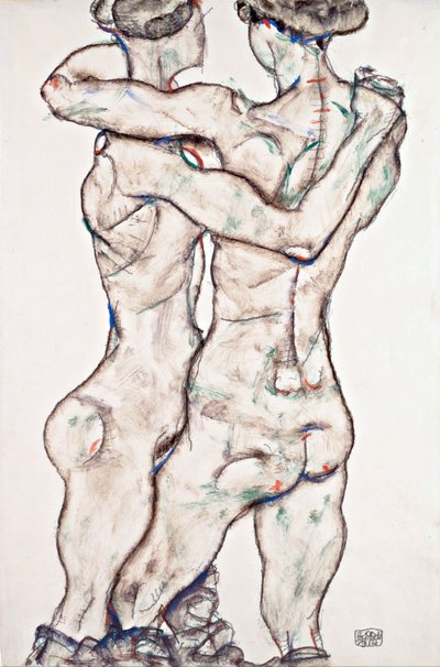 Meninas Nuas Abraçando - Schiele, Egon (1890-1918) - 1914 - Giz preto, Gouache sobre papel - 48x31,2 - Museu Leopold, Viena de Egon Schiele