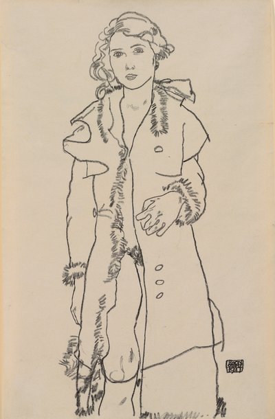 Nude com pelagem aparada; Nu de menina com casaco de pêlo, 1917 de Egon Schiele