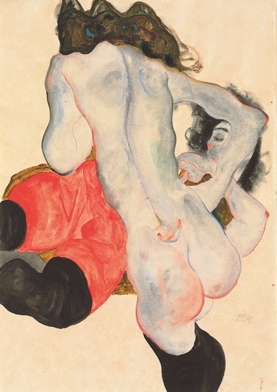 Mulher reclinada em calças vermelhas e nu feminino em pé, 1912 de Egon Schiele