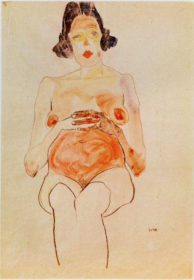 Roter Akt, schwanger [Nu vermelho, grávida] (aguarela e carvão) de Egon Schiele