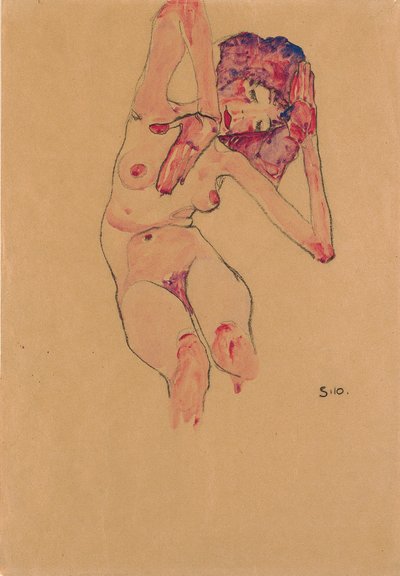Nu feminino sentado com cabeça inclinada e braços erguidos; Nu sentado com cabeça baixa e braços erguidos, 1910 de Egon Schiele
