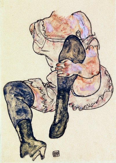 Mulher Sentada com Perna Esquerda Dobrada (Torso) par Schiele, Egon (1890-1918), c. 1917 - Gouache e Pastel sobre papel, 43,2x29,9 - Coleção Particular de Egon Schiele