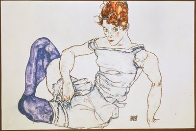 Mulher sentada com meias roxas ... (guache e lápis de cor preto) de Egon Schiele