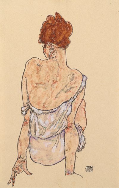 Mulher sentada na cueca, vista traseira, 1917 de Egon Schiele