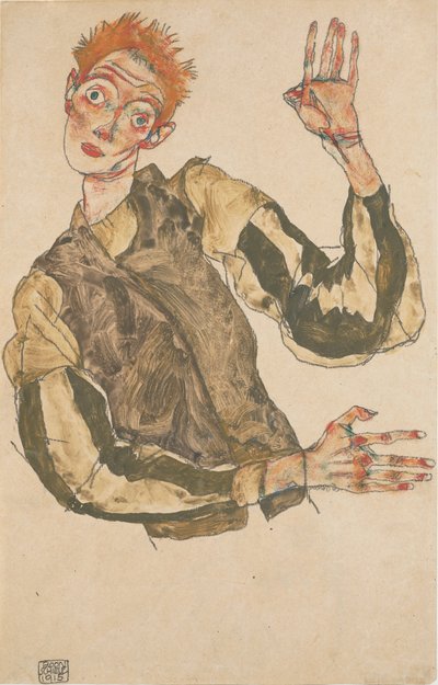 Autorretrato com proteções de mangas às riscas de Egon Schiele
