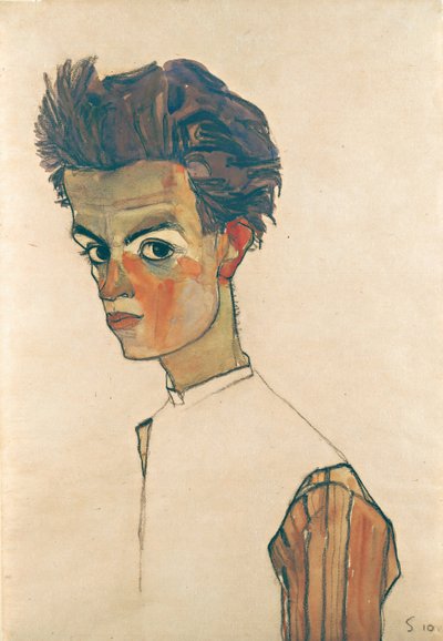 Auto-retrato com camisa listrada, 1910 (grafite e wc no papel) de Egon Schiele