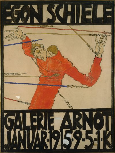 Auto-retrato como São Sebastião, design de cartaz para uma exposição na Galerie Arnot, 1914 (guache, giz preto e tinta sobre papelão) de Egon Schiele
