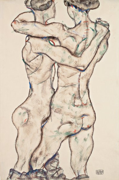 Raparigas nuas a abraçarem-se de Egon Schiele