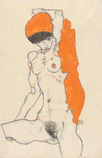 Standing Nude with Orange Drapery, 1914 (wc, guache e grafite sobre papel) de Egon Schiele