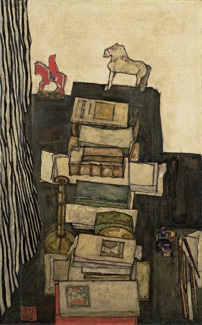 Ainda vida com livros Schieles Desk, 1914 de Egon Schiele
