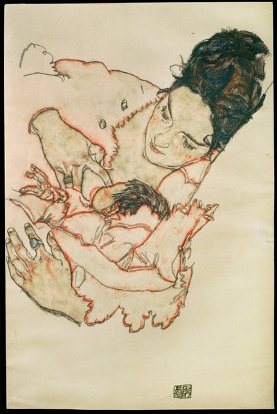 Stillende Mutter - Mãe que amamenta ... (aguarela e lápis de cor preto) de Egon Schiele