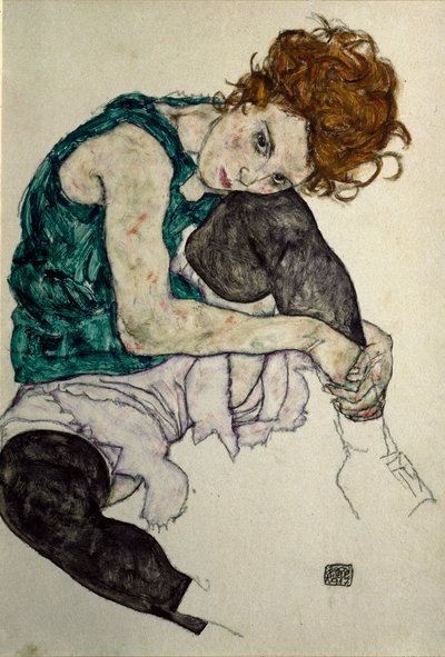 A mulher do artista, c.1917 (guache, aguarela e lápis de cor preto sobre papel) de Egon Schiele