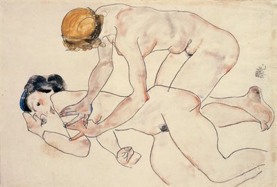 Dois nus femininos, reclinados e ajoelhados de Egon Schiele