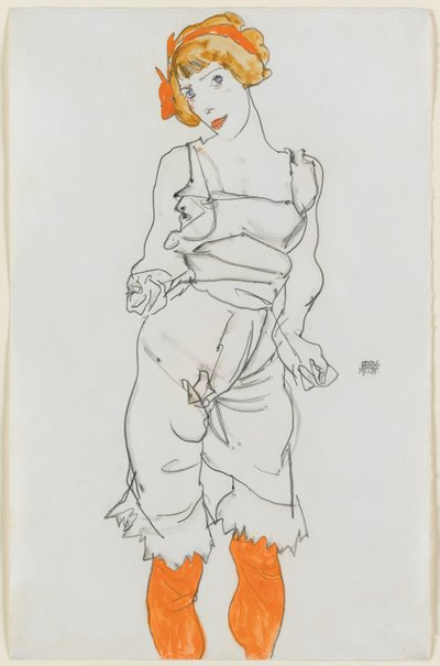 Mulher de lingerie e meias de Egon Schiele