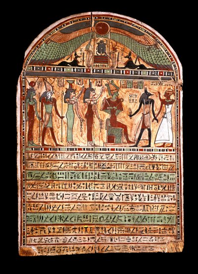 Antiquite egípcio: estela funerária de um sumo sacerdote: Osíris acolhe o falecido presente em Anúbis, atrás dele as deidades Ísis, Neftis (Neftis ou Neftis), Horus, Hathor. Século III-2 a.C. Turim, museu egípcio - Antiguidades egípcias: estela funerária de Egyptian