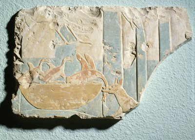 Relevo retratando uma invasão por um animal semelhante a um cachorro em um ninho de pássaros, do templo funerário do rei Montuhotep II, Reino do Meio (calcário pintado) de Egyptian 11th Dynasty