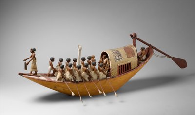 Barco Viajante sendo Remado do Túmulo de Meketre, c.1981-1975 a.C. (madeira, tinta, gesso, fio de linho e linho) de Egyptian 12th Dynasty