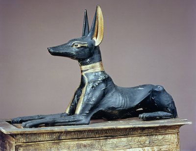 Anúbis, deus egípcio dos mortos de um baú em forma de santuário, do túmulo de Tutancâmon (c.1370-52 aC) Novo reino (madeira) (ver também 63054) de Egyptian 18th Dynasty