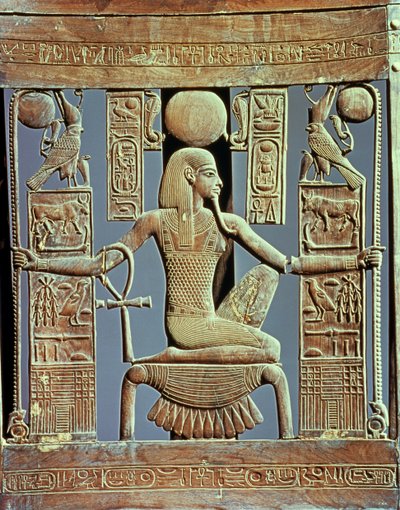 Atrás de uma cadeira do túmulo de Tutancâmon (c.1370-52 aC), representando o espírito de milhões de anos, o Novo Reino (cedro) (ver também 227983) de Egyptian 18th Dynasty