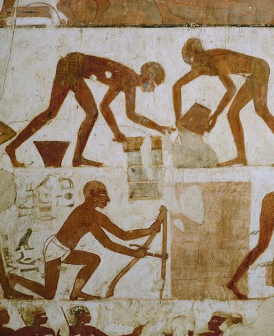 Artesãos na construção de um templo (pintura mural) de Egyptian 18th Dynasty