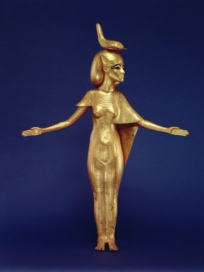 Detalhe da deusa Selket do santuário canópico, do Túmulo de Tutankhamun (c.1370-1352 AC) Novo Reino (madeira dourada) (ver também 228567) de Egyptian 18th Dynasty