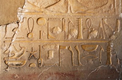 Antiquite egípcio: detalhe de uma inscrição com cartucho e hieróglifos representando longa vida e prosperidade. Templo dedicado à Rainha Hatshepsut (Hatshepsut) (1479 AC - 1457 AC) Deir el Bahari, Egito de Egyptian 18th Dynasty