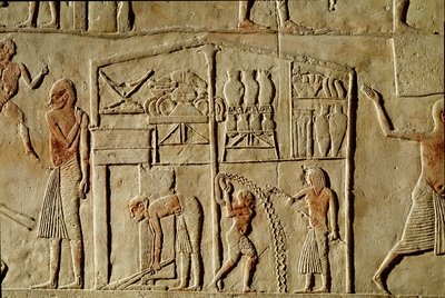 Antiquidade egípcia: "Os alimentos são armazenados em armazéns" Alívio que decora uma sepultura de um alto funcionário da 18ª dinastia. Bolonha Civico Museo Archeologico de Egyptian 18th Dynasty