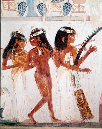Antiquidade egípcia: músicos. Túmulo de Nakht. 18ª dinastia. 1410 AC. Necrópole de Gournah (Sheikh Abd al-Gournah), Egito. de Egyptian 18th Dynasty