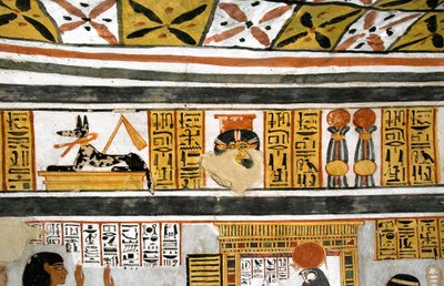 Antiquite egípcio: representação de Anubis, Hathor e hieróglifos. Pintura da Tumba de Roy de Egyptian 18th Dynasty